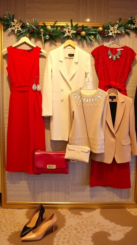 Elegant Christmas evening outfits including a red dress, winter white ensemble, sequin top, knit sweater, and tailored blazer.